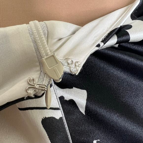 Maggy London Sheath Dress 8 Satin Black White Leaf Asymmetric Neck Cocktail Knee - Picture 5 of 9